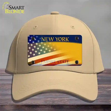 New York Yellow with American Flag Novelty License Plate Hat Cotton / Khaki