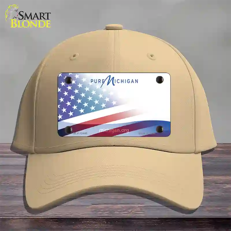 Pure Michigan Plate American Flag Novelty License Plate Hat Cotton / Khaki