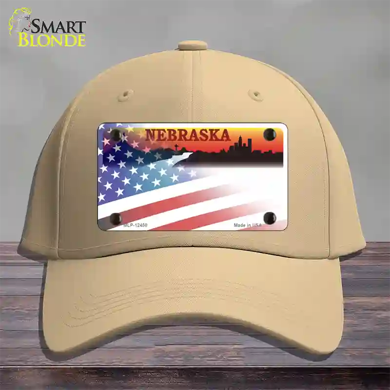 Nebraska Amber with American Flag Novelty License Plate Hat Cotton / Khaki