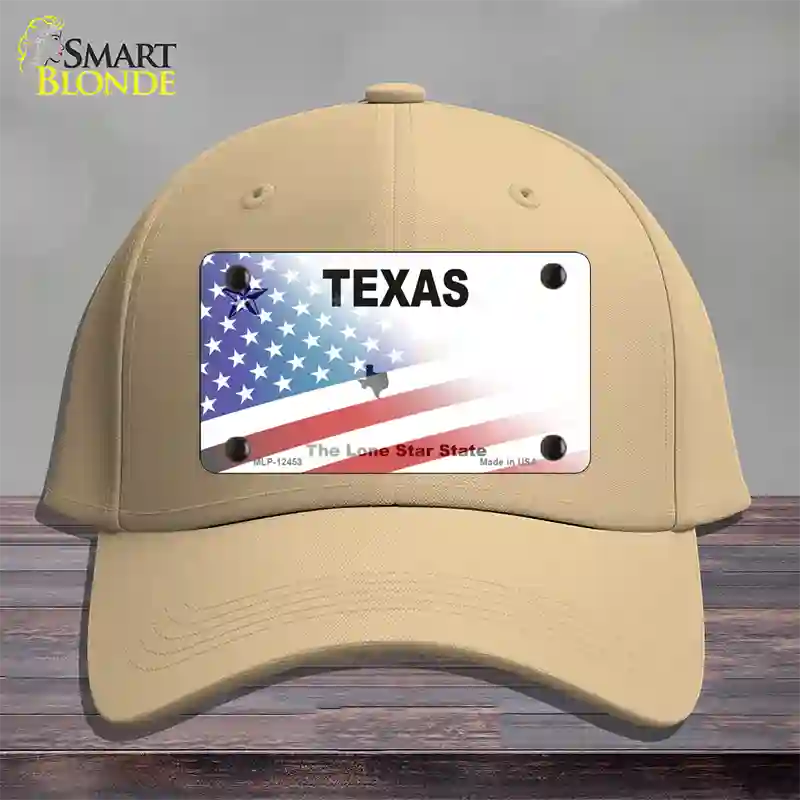 Texas White with American Flag Novelty License Plate Hat Cotton / Khaki