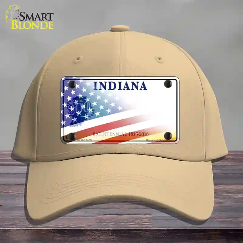 Indiana Bicentennial with American Flag Novelty License Plate Hat Cotton / Khaki