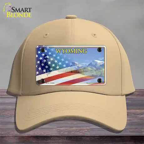 Wyoming State with American Flag Novelty License Plate Hat Cotton / Khaki