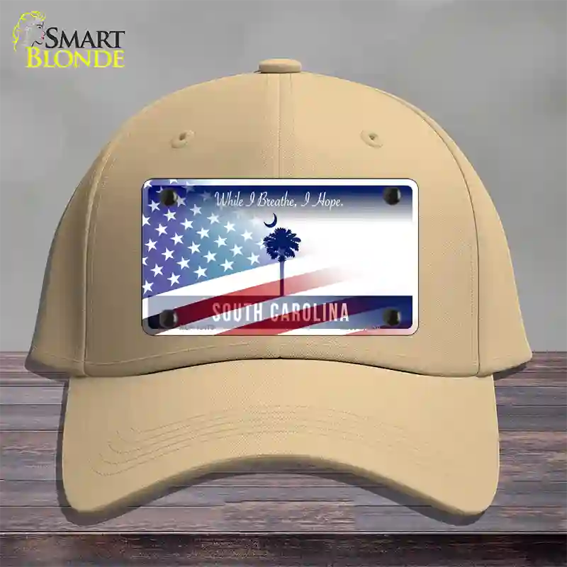 South Carolina Blue with American Flag Novelty License Plate Hat Cotton / Khaki