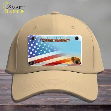 North Dakota Legendary with American Flag Novelty License Plate Hat Cotton / Khaki