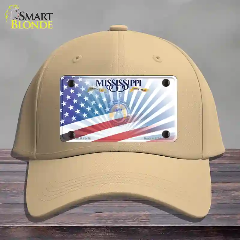 Mississippi Blue with American Flag Novelty License Plate Hat Cotton / Khaki