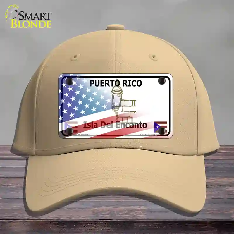 Puerto Rico with American Flag Novelty License Plate Hat Cotton / Khaki