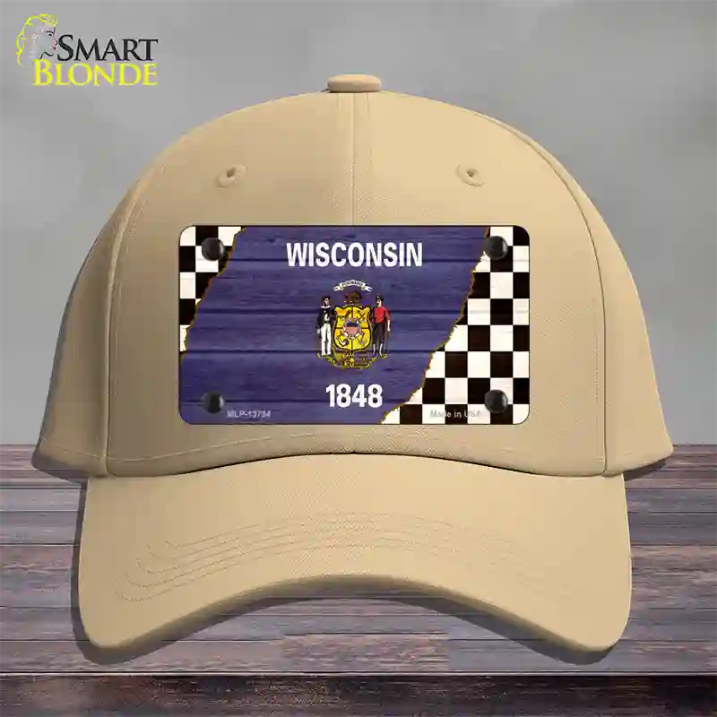 Wisconsin Racing Flag Novelty License Plate Hat Tag Cotton / Khaki