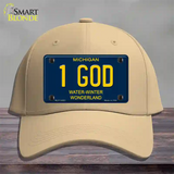 1 God Michigan Blue Novelty License Plate Hat Cotton / Khaki