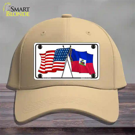 Haiti Crossed US Flag Novelty License Plate Hat Cotton / Khaki