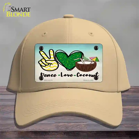 Peace Love Coconut Novelty License Plate Hat Cotton / Khaki