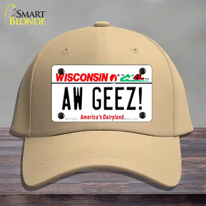 Aw Geez Wisconsin Novelty License Plate Hat Cotton / Khaki