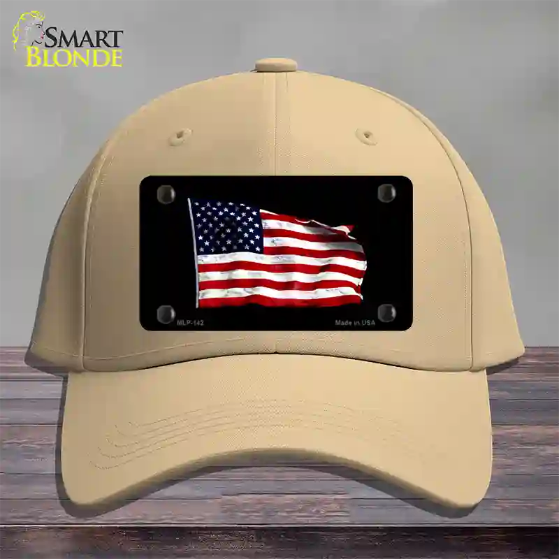 Waving American Flag Black Novelty License Plate Hat Cotton / Khaki