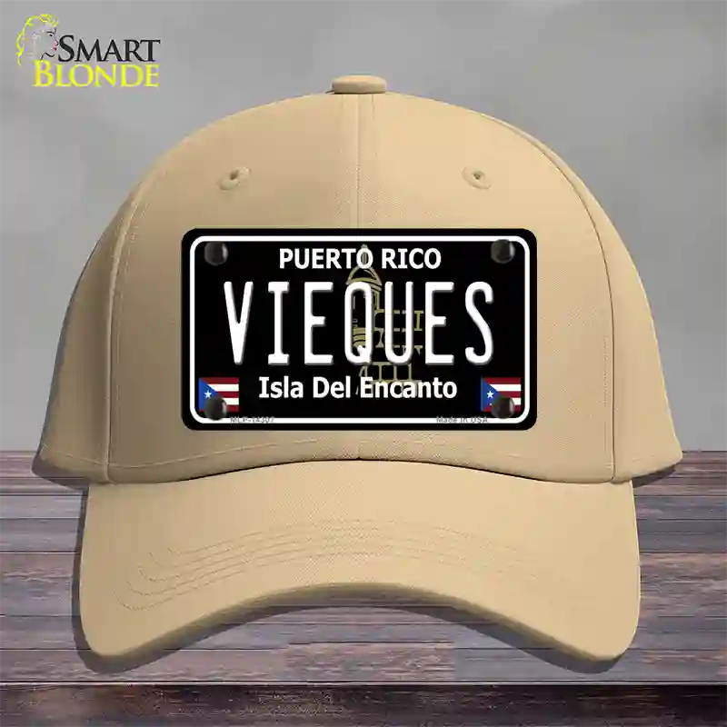 Vieques Puerto Rico Black Novelty License Plate Hat Cotton / Khaki