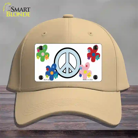 Peace Sign and Flowers Novelty License Plate Hat Cotton / Khaki