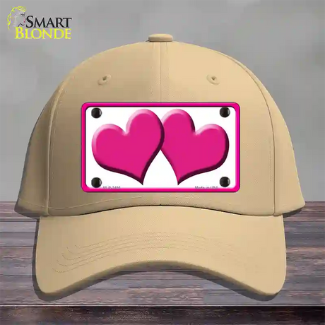 Solid Pink Centered Hearts White Novelty License Plate Hat Cotton / Khaki