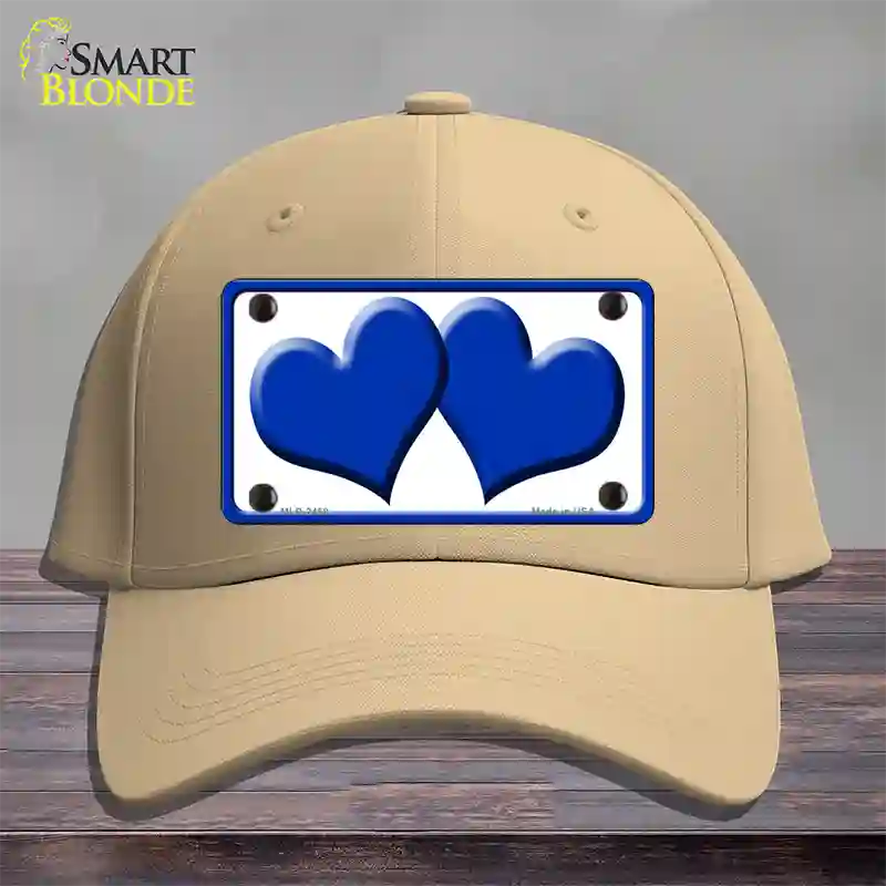 Solid Blue Centered Hearts White Novelty License Plate Hat Cotton / Khaki