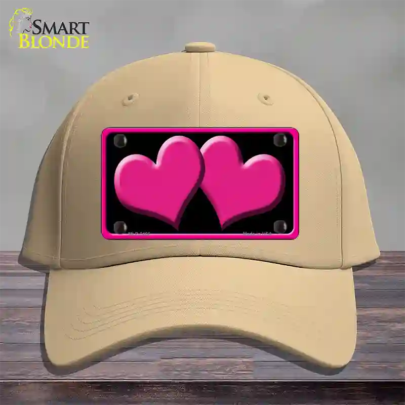 Solid Pink Centered Hearts Black Novelty License Plate Hat Cotton / Khaki