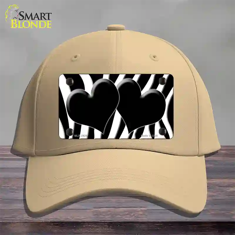 Black White Zebra Black Centered Hearts Novelty License Plate Hat Cotton / Khaki