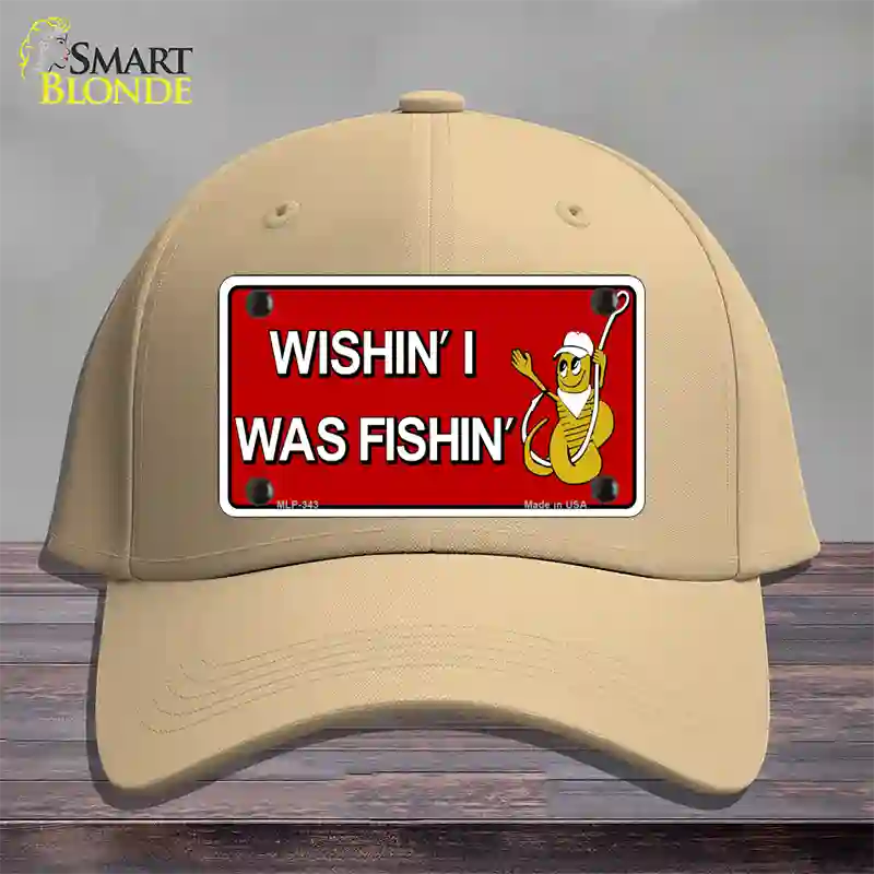 Wishin I Was Fishin Red Novelty License Plate Hat Cotton / Khaki