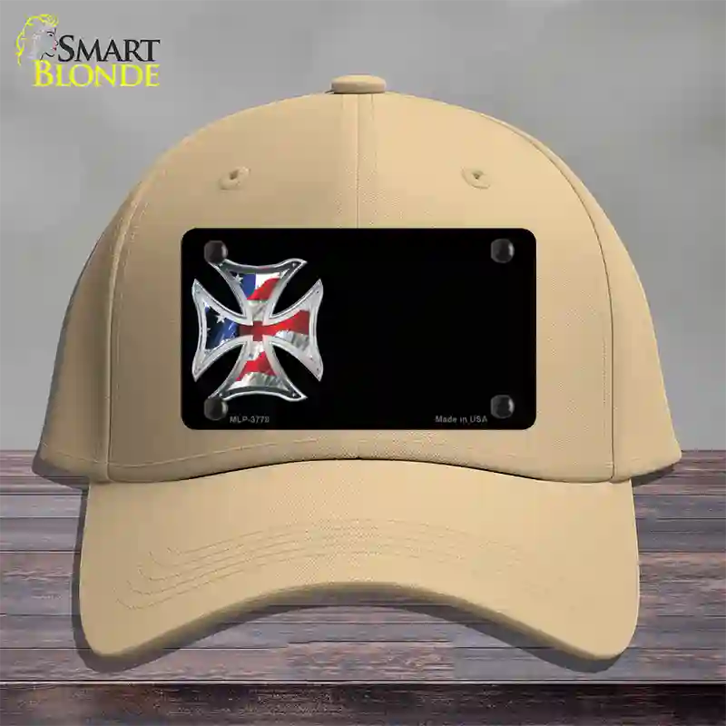 American Flag Maltese Cross Offset Novelty License Plate Hat Cotton / Khaki