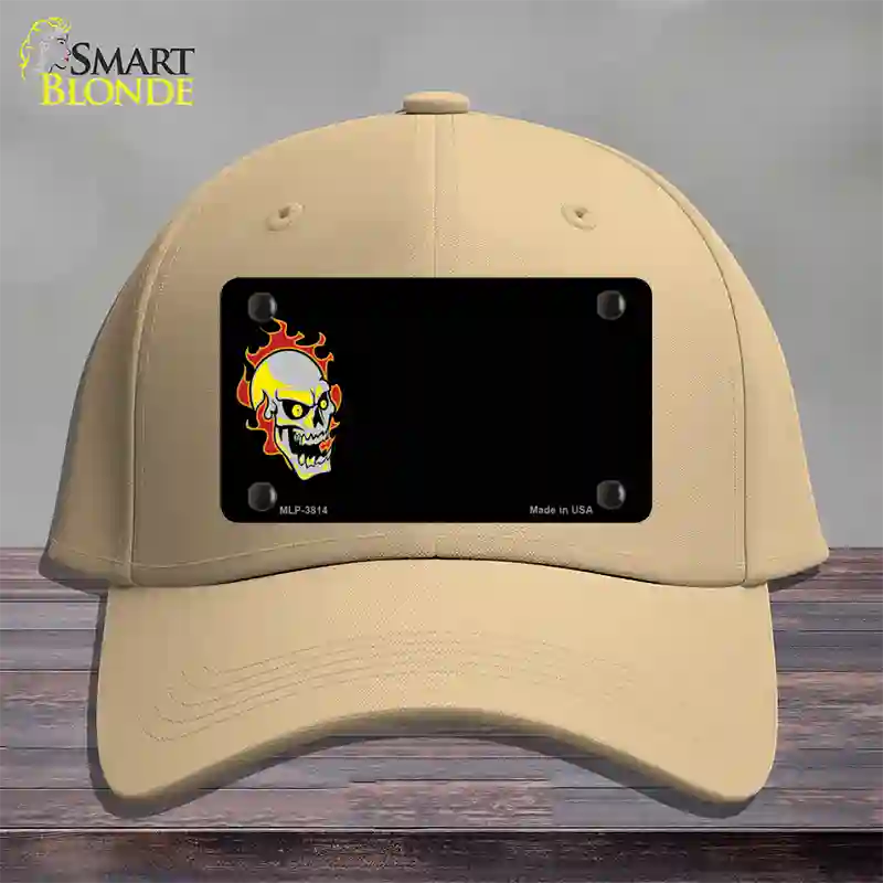 Flaming Skull Offset Novelty License Plate Hat Cotton / Khaki