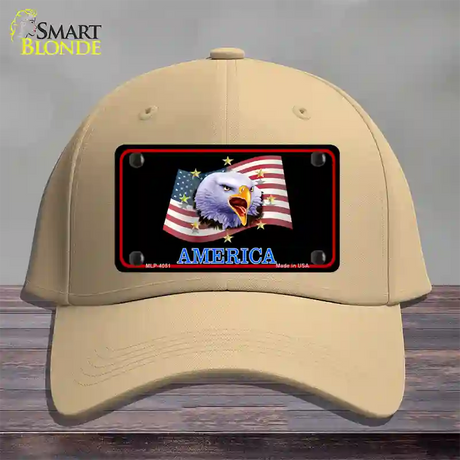 Waving Flag Bald Eagle Black Novelty License Plate Hat Cotton / Khaki