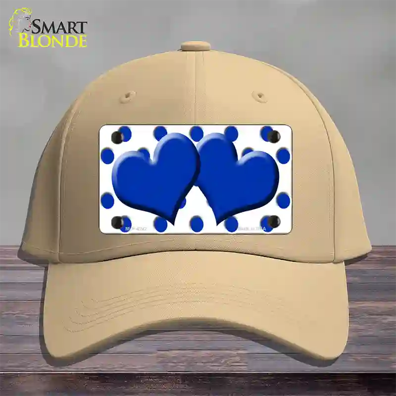 Blue White Polka Dot Blue Centered Hearts Novelty License Plate Hat Cotton / Khaki