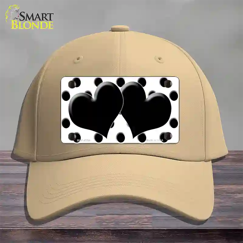 Black White Polka Dot Black Centered Hearts Novelty License Plate Hat Cotton / Khaki