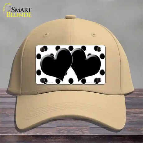 Black White Polka Dot Black Centered Hearts Novelty License Plate Hat Cotton / Khaki