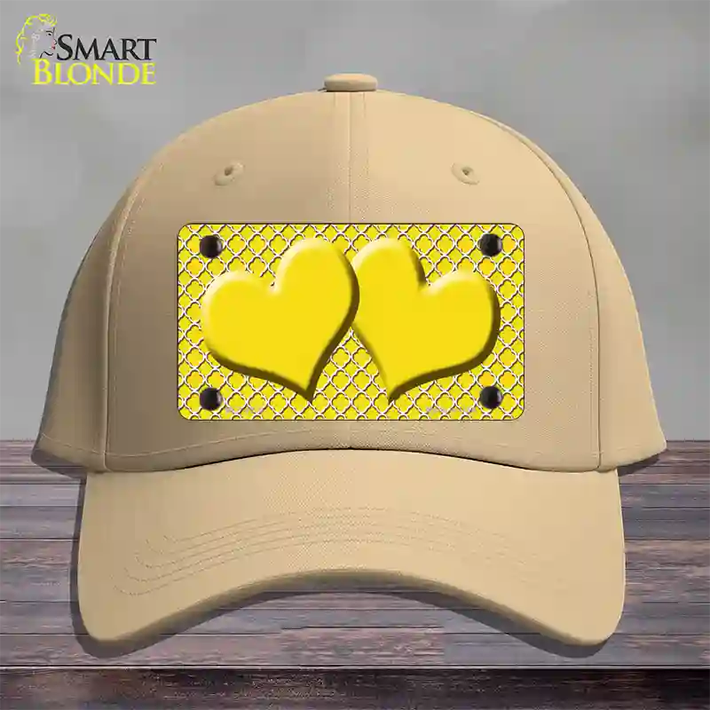 Yellow White Quatrefoil Yellow Center Hearts Novelty License Plate Hat Cotton / Khaki