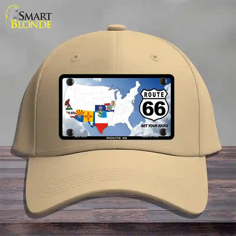 Route 66 8 Flags Clouds Novelty License Plate Hat Cotton / Khaki