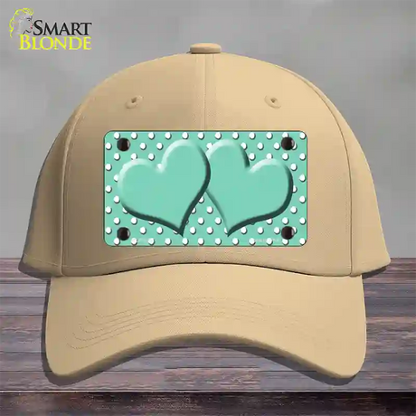 Mint White Polka Dot Center Hearts Novelty License Plate Hat Cotton / Khaki