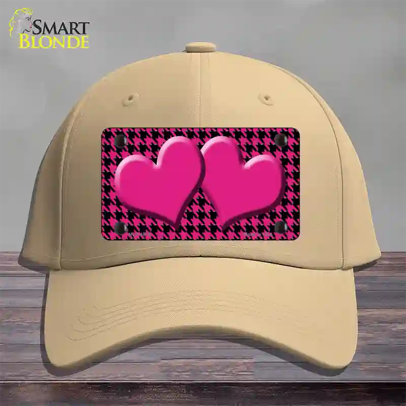 Pink Black Houndstooth Pink Center Hearts Novelty License Plate Hat Cotton / Khaki