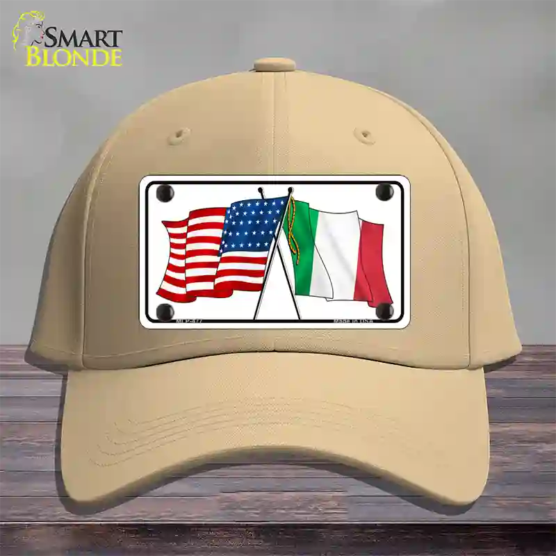 United States Italy Crossed Flags Novelty License Plate Hat Cotton / Khaki