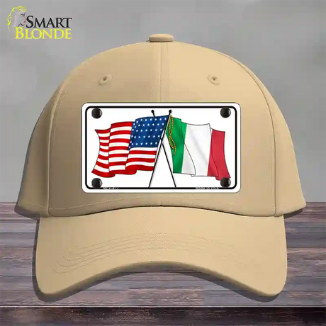 United States Italy Crossed Flags Novelty License Plate Hat Cotton / Khaki