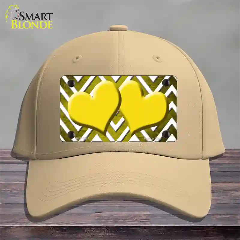 Yellow White Hearts Chevron Oil Rubbed Novelty License Plate Hat Cotton / Khaki