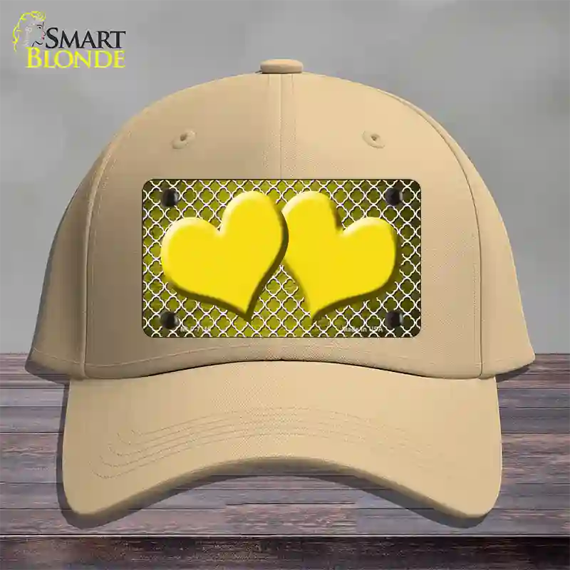 Yellow White Quatrefoil Hearts Oil Rubbed Novelty License Plate Hat Cotton / Khaki