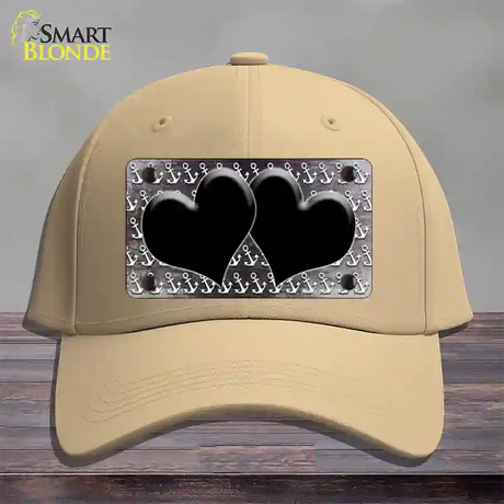 Black White Anchor Hearts Oil Rubbed Novelty License Plate Hat Cotton / Khaki