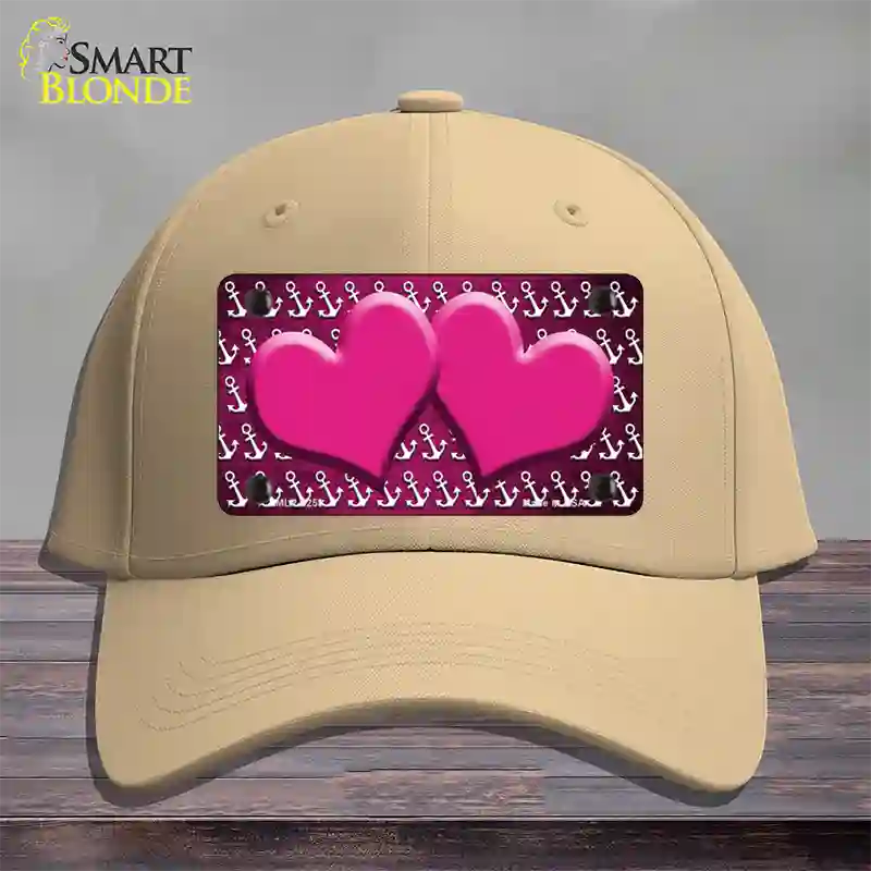 Pink White Anchor Hearts Oil Rubbed Novelty License Plate Hat Cotton / Khaki