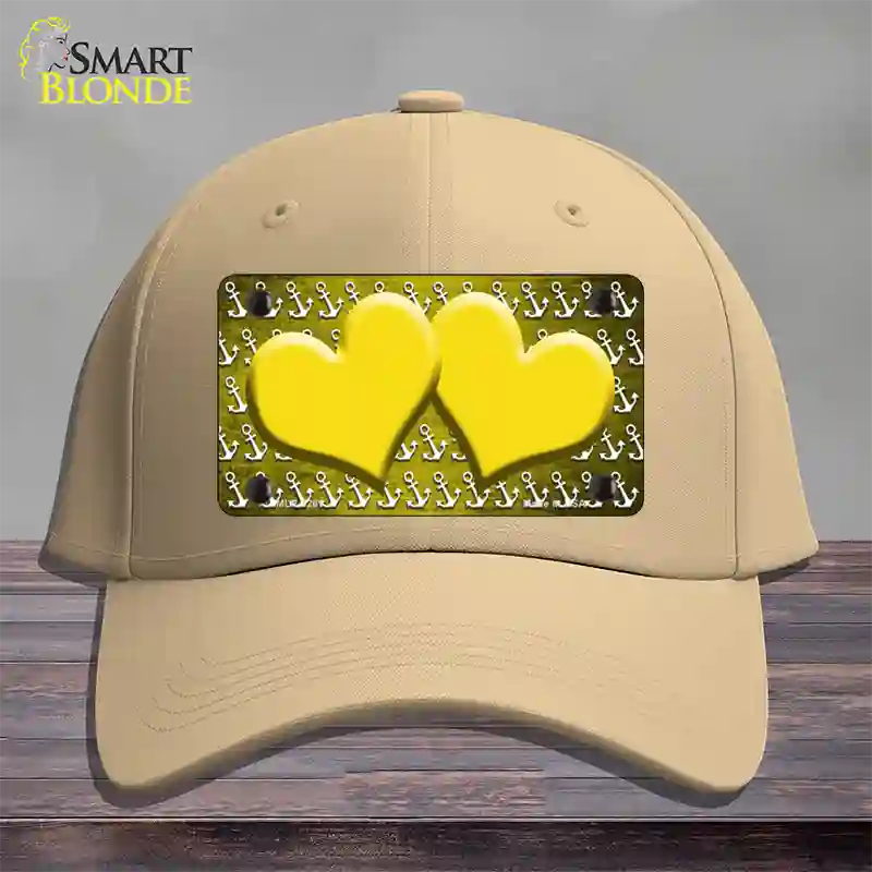 Yellow White Anchor Hearts Oil Rubbed Novelty License Plate Hat Cotton / Khaki