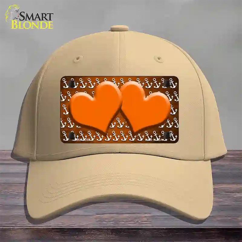 Orange White Anchor Hearts Oil Rubbed Novelty License Plate Hat Cotton / Khaki