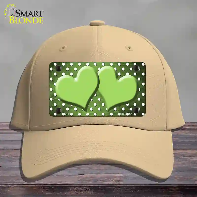 Lime Green White Small Dots Hearts Oil Rubbed Novelty License Plate Hat Cotton / Khaki