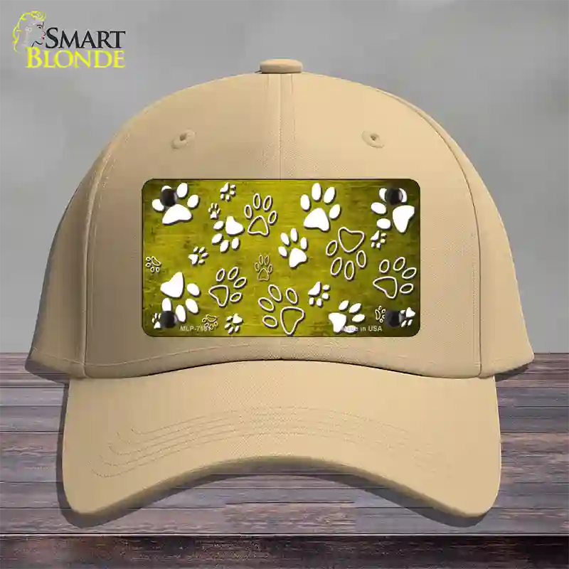 Yellow White Paw Oil Rubbed Novelty License Plate Hat Cotton / Khaki