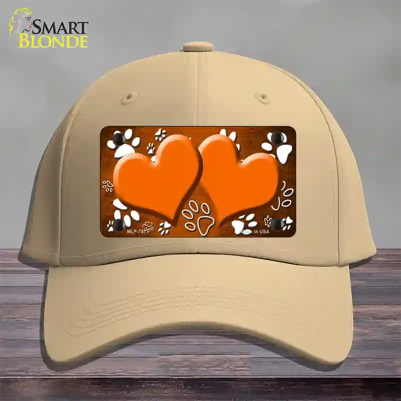 Paw Heart Orange White Novelty License Plate Hat Cotton / Khaki