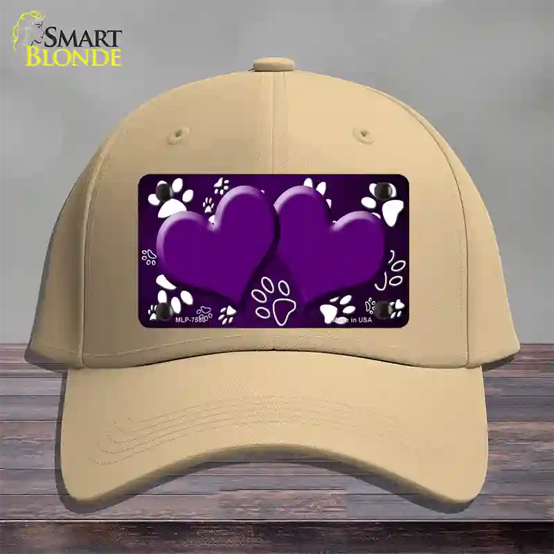 Paw Heart Purple White Novelty License Plate Hat Cotton / Khaki