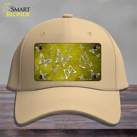 Yellow White Butterfly Oil Rubbed Novelty License Plate Hat Cotton / Khaki