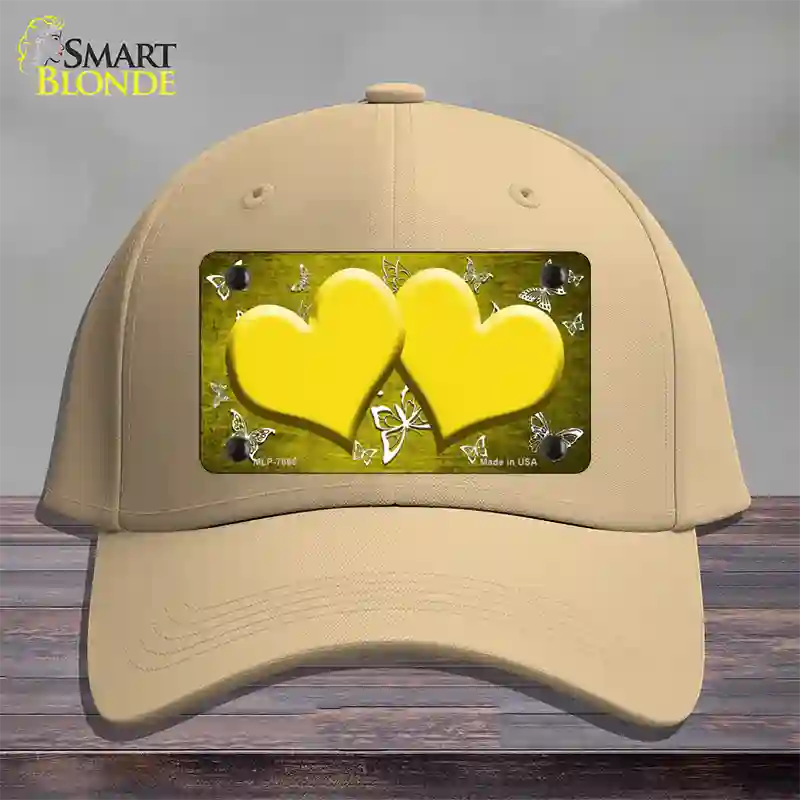 Yellow White Hearts Butterfly Oil Rubbed Novelty License Plate Hat Cotton / Khaki