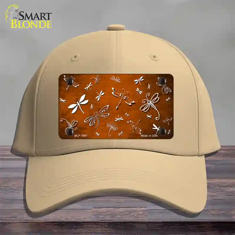 Orange White Dragonfly Oil Rubbed Novelty License Plate Hat Cotton / Khaki