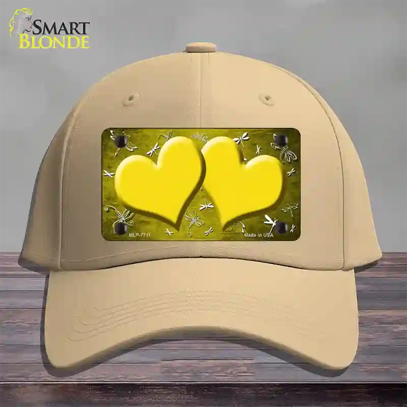 Yellow White Dragonfly Hearts Oil Rubbed Novelty License Plate Hat Cotton / Khaki