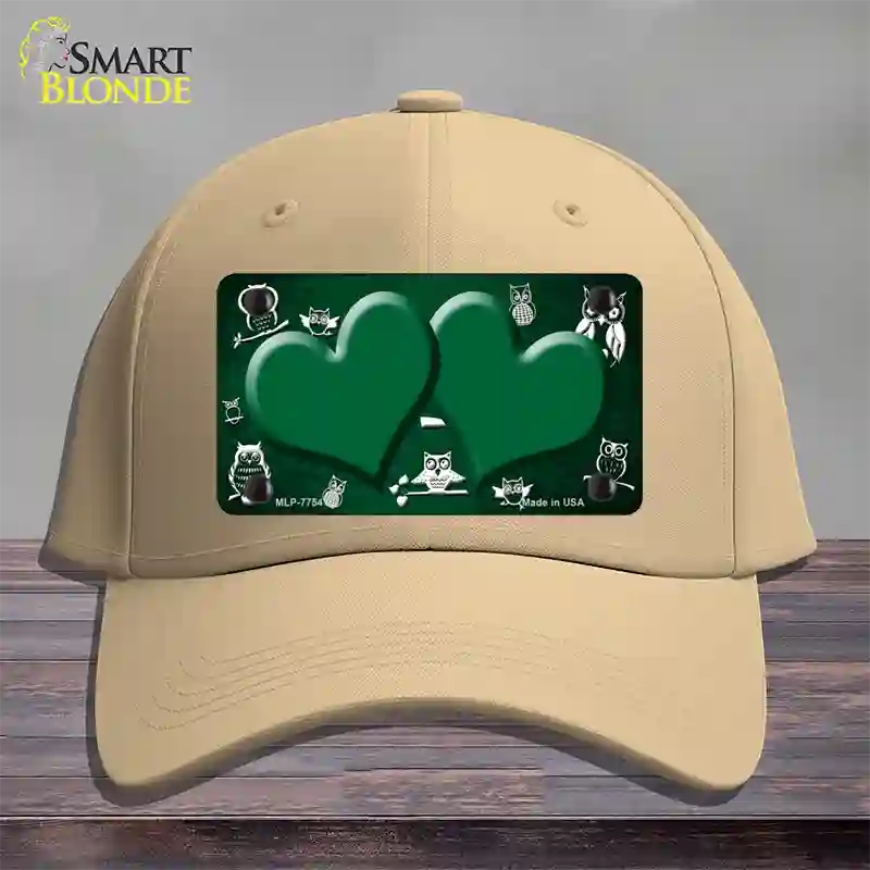 Green White Owl Hearts Oil Rubbed Novelty License Plate Hat Cotton / Khaki